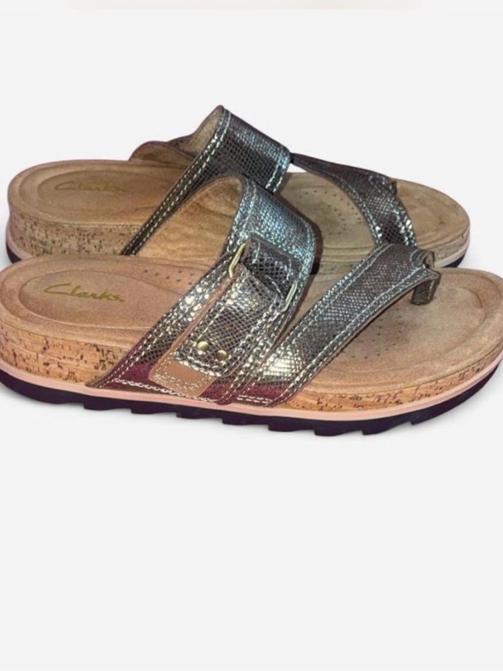 Clarks Women’s Metallic Pewter Cork-Platform Toe-Post Sandals